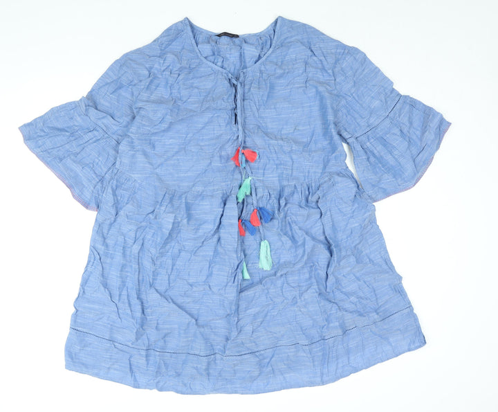 Marks and Spencer Womens Blue Cotton Shift Size M Round Neck Lace Up - Smocked Tassle