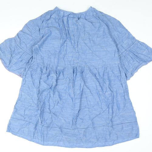 Marks and Spencer Womens Blue Cotton Shift Size M Round Neck Lace Up - Smocked Tassle