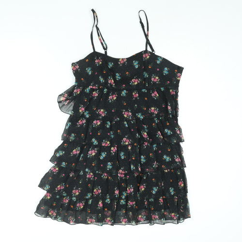 Divided by H&M Womens Black Floral Polyester Mini Size 14 Scoop Neck Zip - Layered Frill