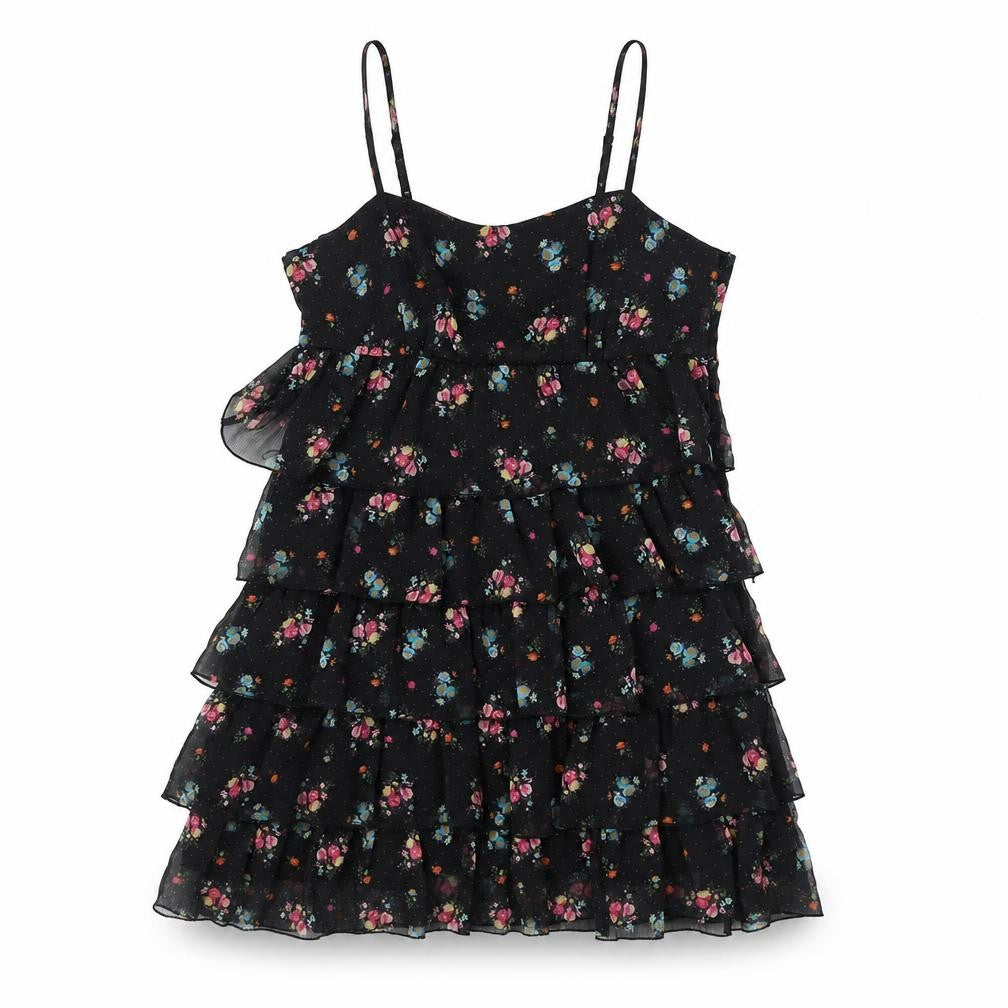 Divided by H&M Womens Black Floral Polyester Mini Size 14 Scoop Neck Zip - Layered Frill