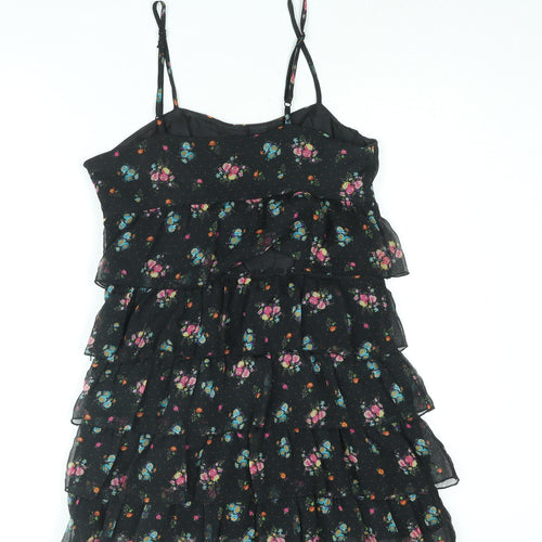 Divided by H&M Womens Black Floral Polyester Mini Size 14 Scoop Neck Zip - Layered Frill