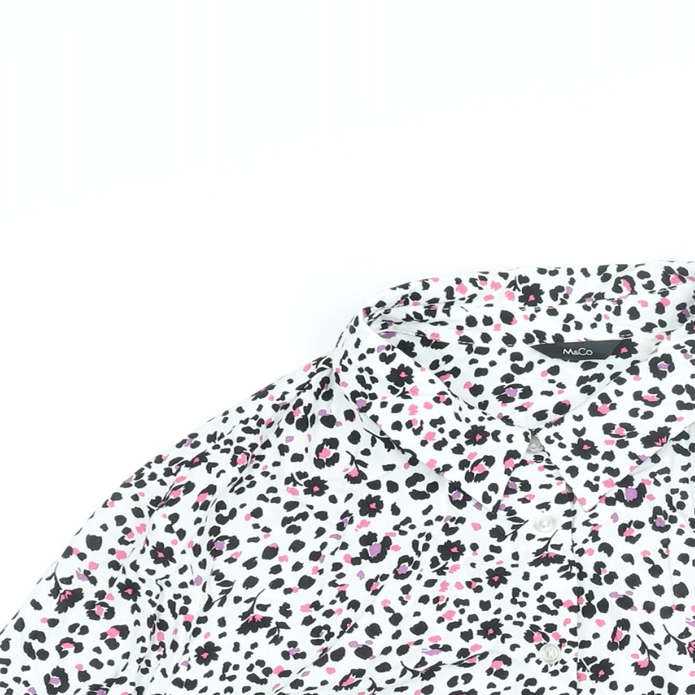 M&Co Womens White Animal Print Viscose Basic Blouse Size 16 Collared - Leopard Print