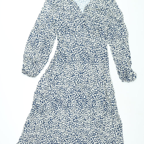 Marks and Spencer Womens Blue Geometric Viscose Shift Size 10 V-Neck Zip - Button Detail