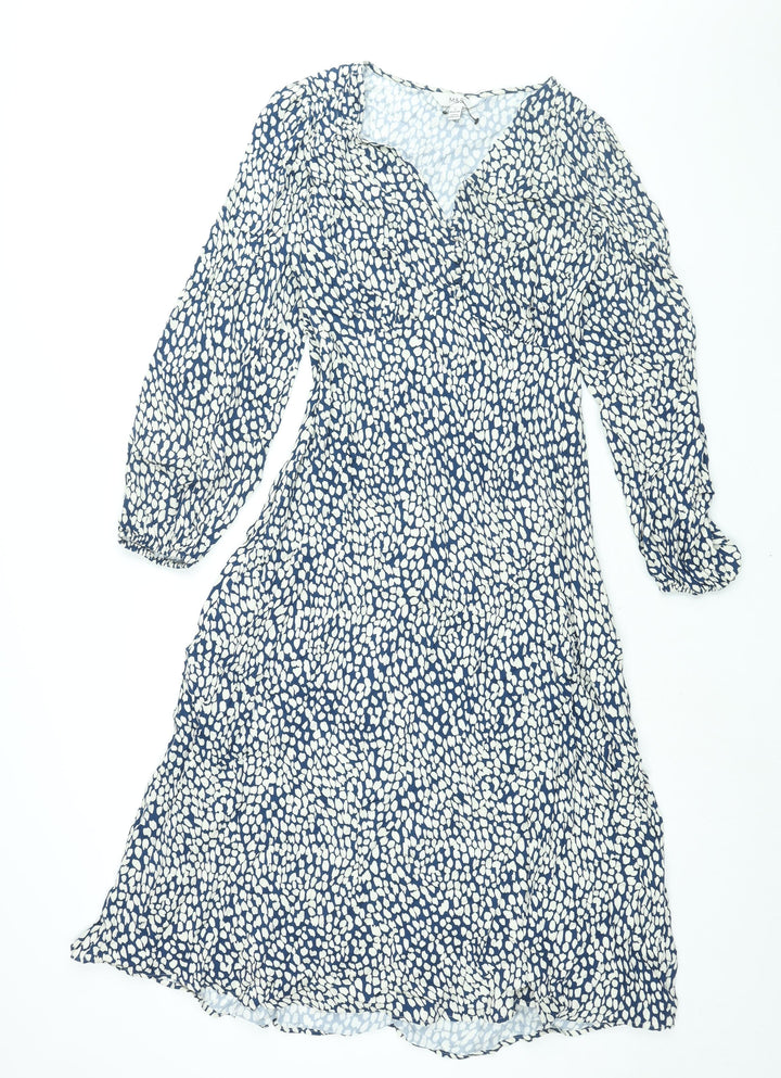 Marks and Spencer Womens Blue Geometric Viscose Shift Size 10 V-Neck Zip - Button Detail