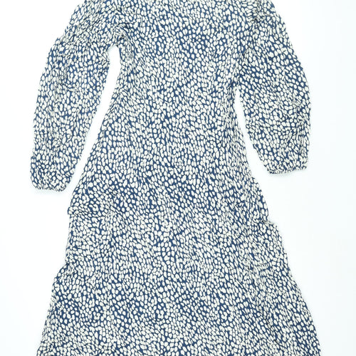 Marks and Spencer Womens Blue Geometric Viscose Shift Size 10 V-Neck Zip - Button Detail