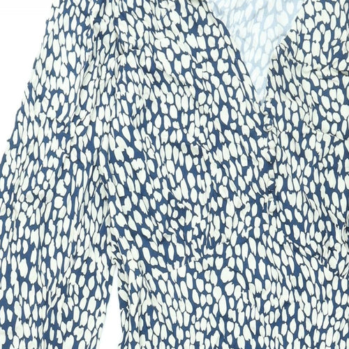 Marks and Spencer Womens Blue Geometric Viscose Shift Size 10 V-Neck Zip - Button Detail