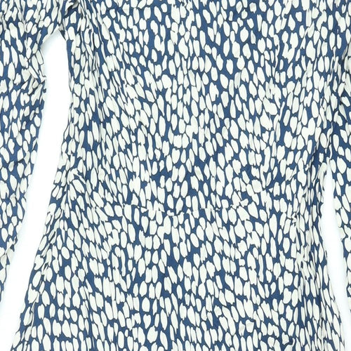 Marks and Spencer Womens Blue Geometric Viscose Shift Size 10 V-Neck Zip - Button Detail