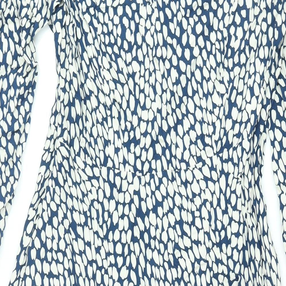 Marks and Spencer Womens Blue Geometric Viscose Shift Size 10 V-Neck Zip - Button Detail