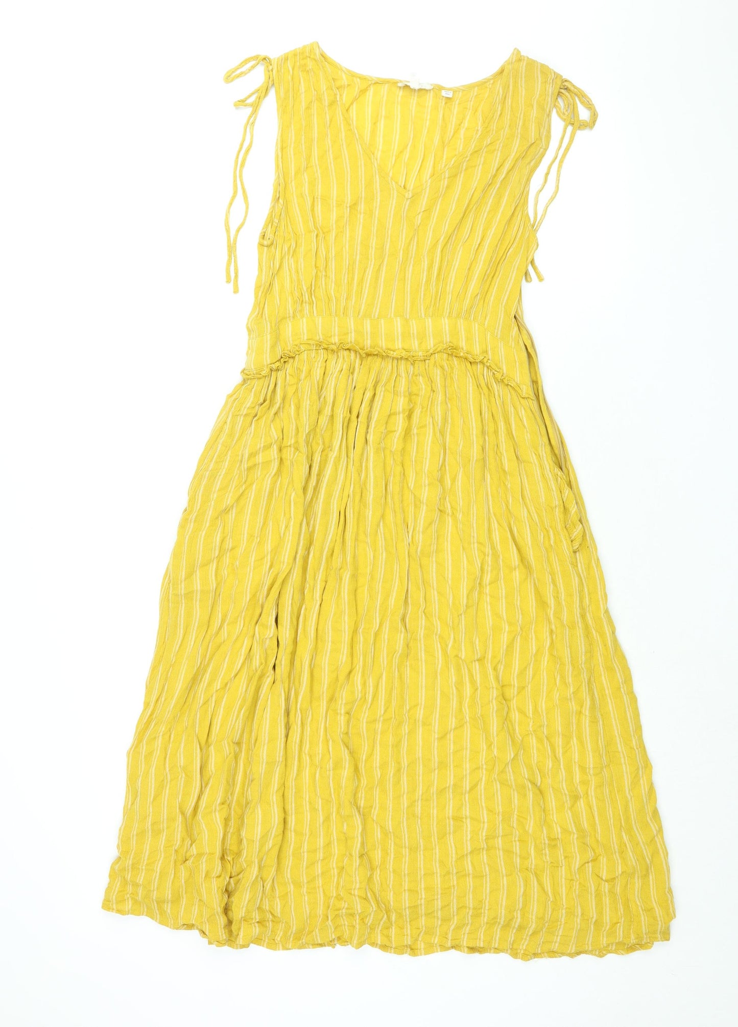 Fat Face Womens Yellow Striped Viscose Shift Size 10 V-Neck Pullover - Drawstring Detail