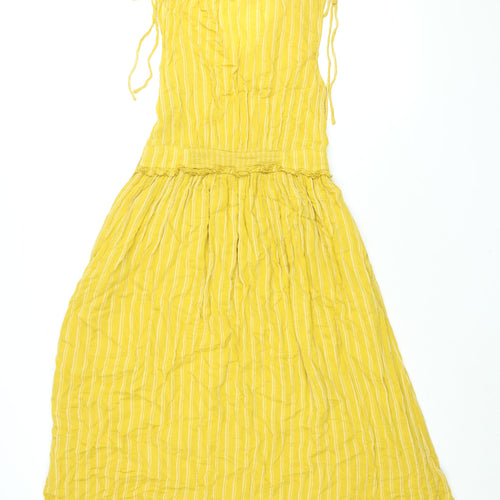 Fat Face Womens Yellow Striped Viscose Shift Size 10 V-Neck Pullover - Drawstring Detail