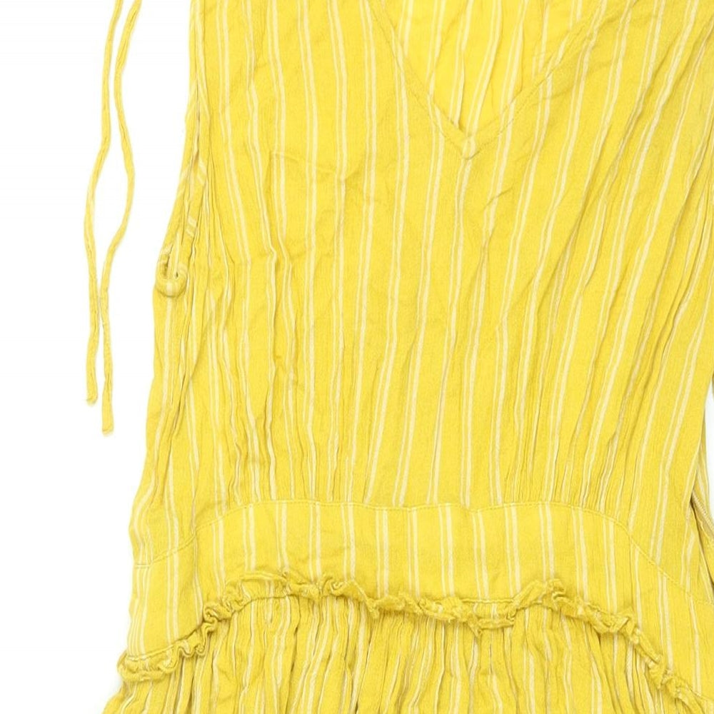Fat Face Womens Yellow Striped Viscose Shift Size 10 V-Neck Pullover - Drawstring Detail