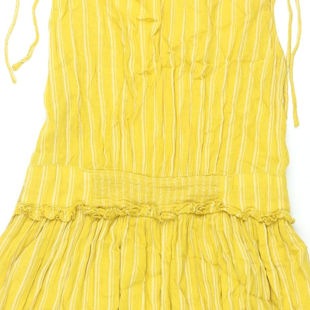 Fat Face Womens Yellow Striped Viscose Shift Size 10 V-Neck Pullover - Drawstring Detail