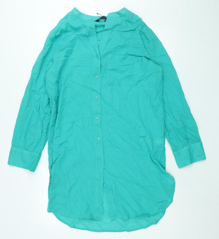 Marks and Spencer Womens Green Cotton Shirt Dress Size M Round Neck Button