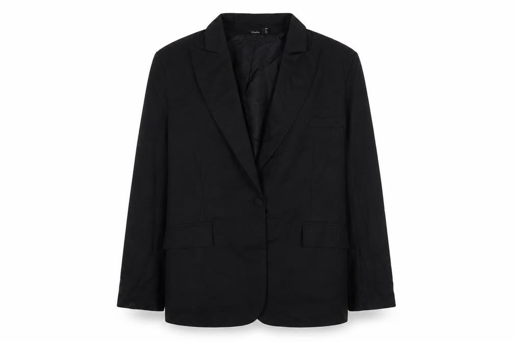 Front view of nasty ga women’s black jacket blazer, size UK 10, button