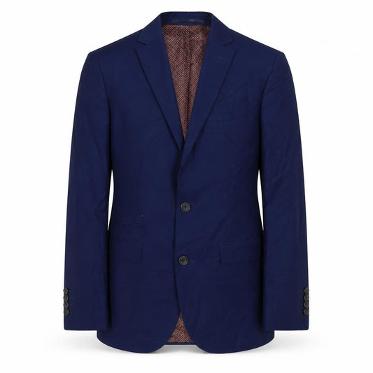 Front view of Next men’s blue polyester jacket suit jacket, size 34, regular