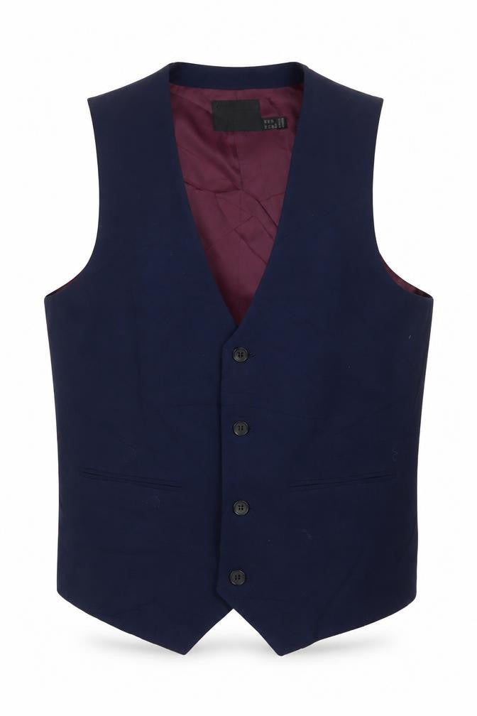 Front view of ASOS men’s blue polyester jacket suit waistcoat, size 38, regular
