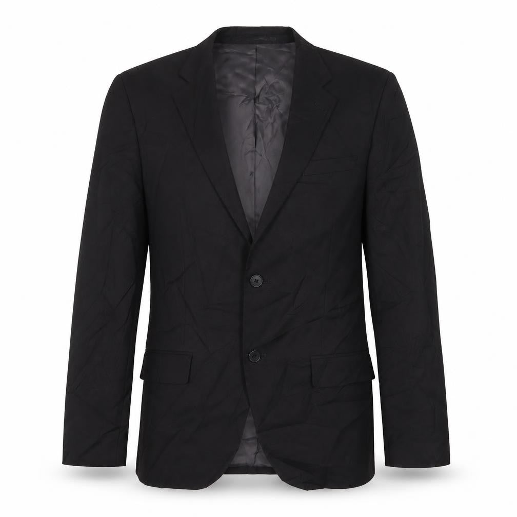 Front view of River Island men’s black polyester jacket suit jacket, size 38, regular