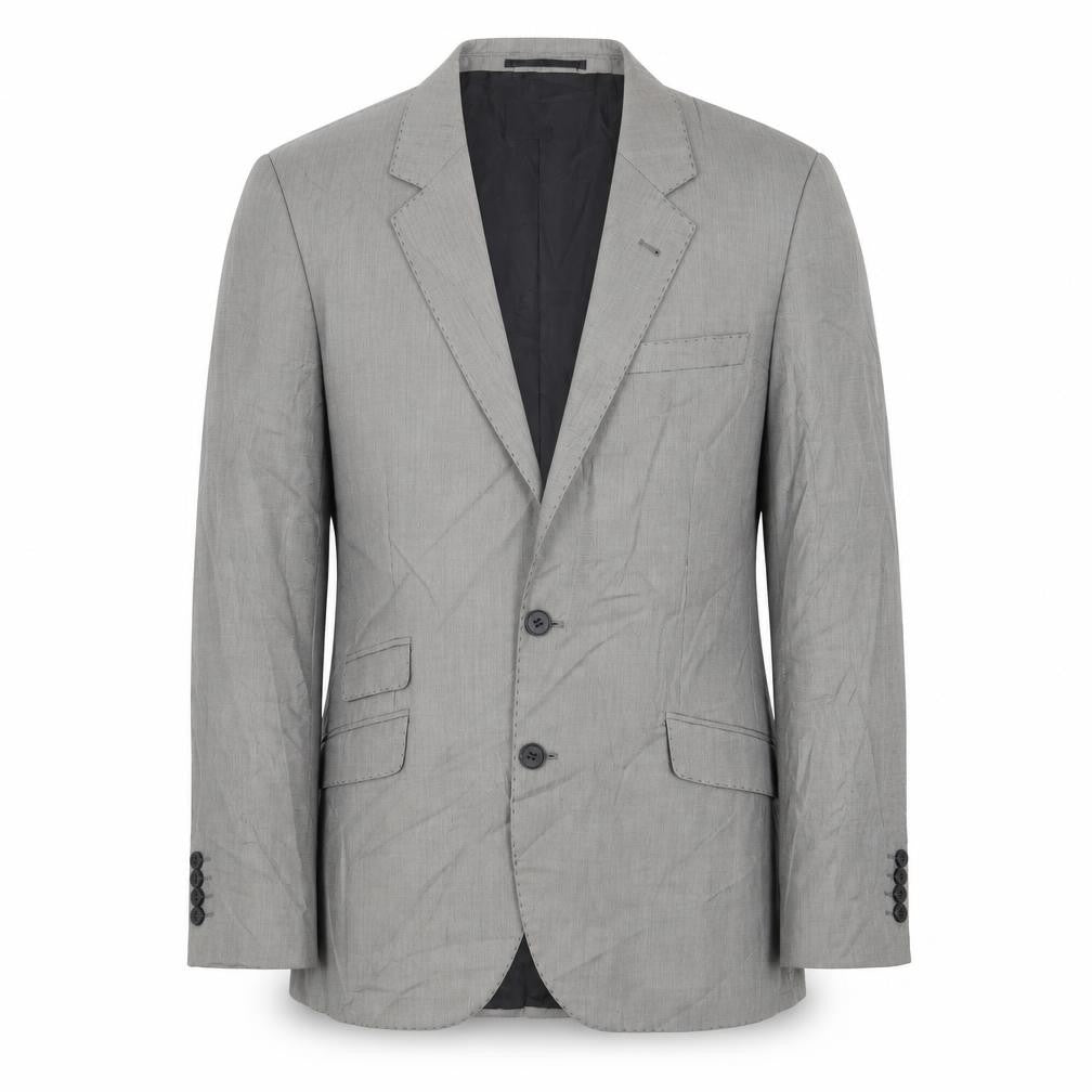 Front view of H&M men’s grey plaid polyester jacket suit jacket, size 38, regular