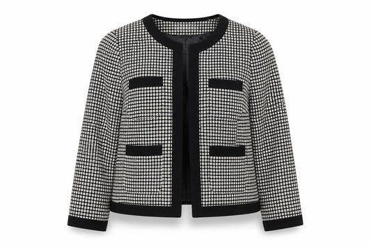 Front view of Marks & Spencer women’s ivory geometric jacket, size UK 12, - open