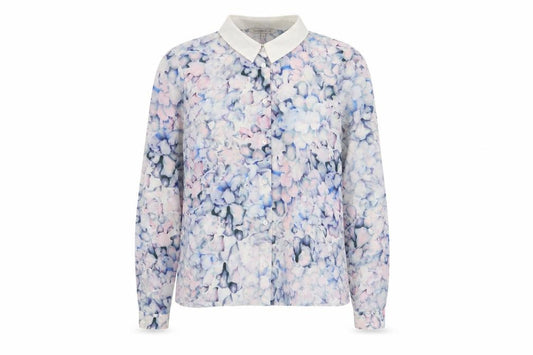 Front view of Limited Collection women’s purple floral polyester basic button-up, size UK 14, collared