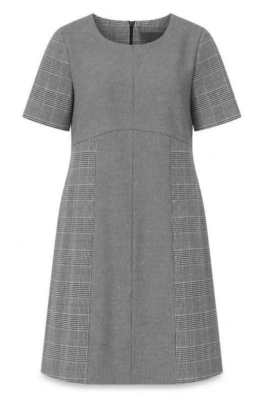 Front view of Next women’s grey plaid polyester sheath, size UK 14, boat neck zip
