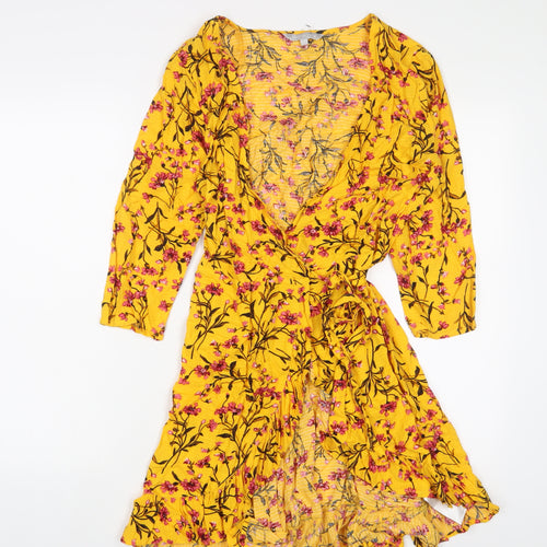 Red Herring Womens Yellow Floral Viscose Wrap Dress Size 10 V-Neck Tie