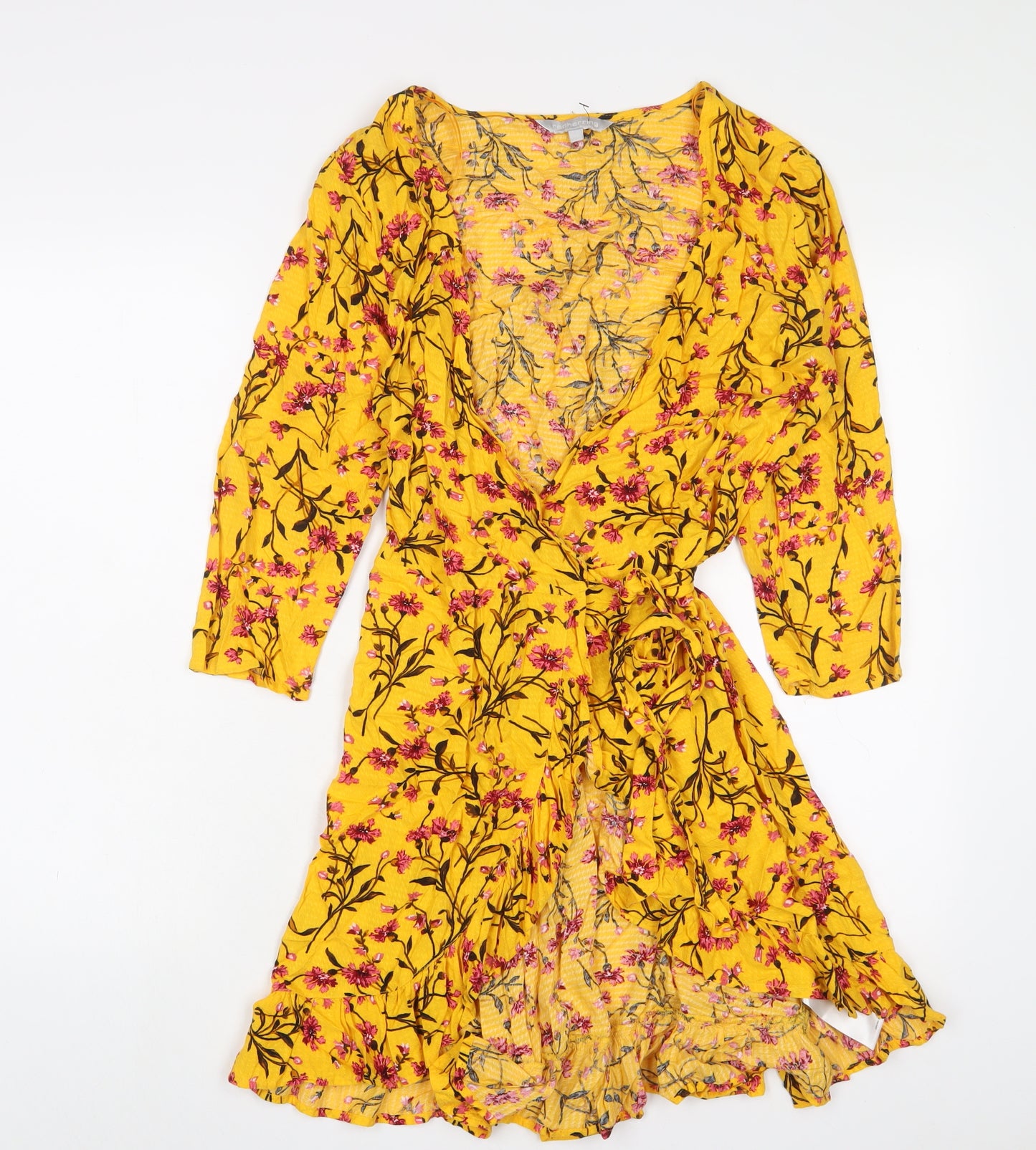 Red Herring Womens Yellow Floral Viscose Wrap Dress Size 10 V-Neck Tie