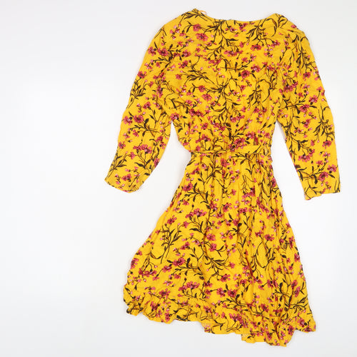 Red Herring Womens Yellow Floral Viscose Wrap Dress Size 10 V-Neck Tie