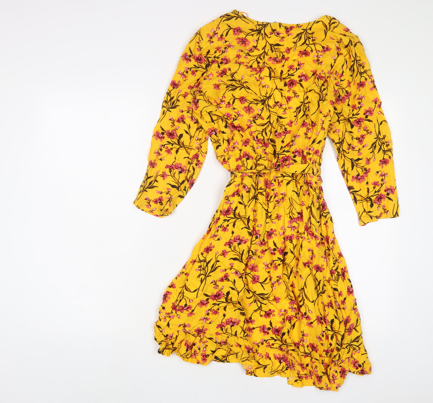 Red Herring Womens Yellow Floral Viscose Wrap Dress Size 10 V-Neck Tie