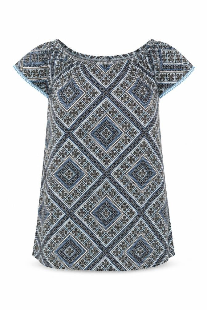 Front view of Principles women’s blue geometric viscose a-line, size UK 16, boat neck pullover