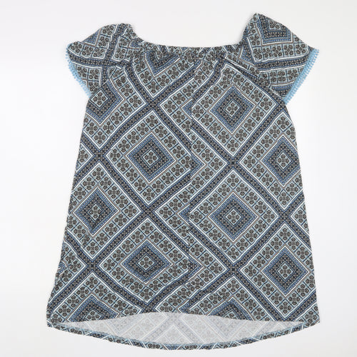 Principles Womens Blue Geometric Viscose A-Line Size 16 Boat Neck Pullover