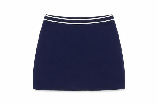 Front view of H&M women’s blue polyester mini skirt, size S