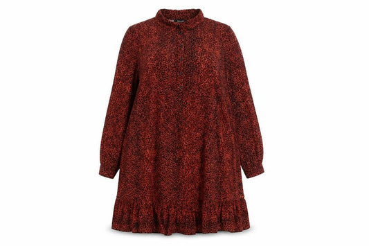 Front view of Next women’s brown animal print viscose a-line, size UK 16, collared button