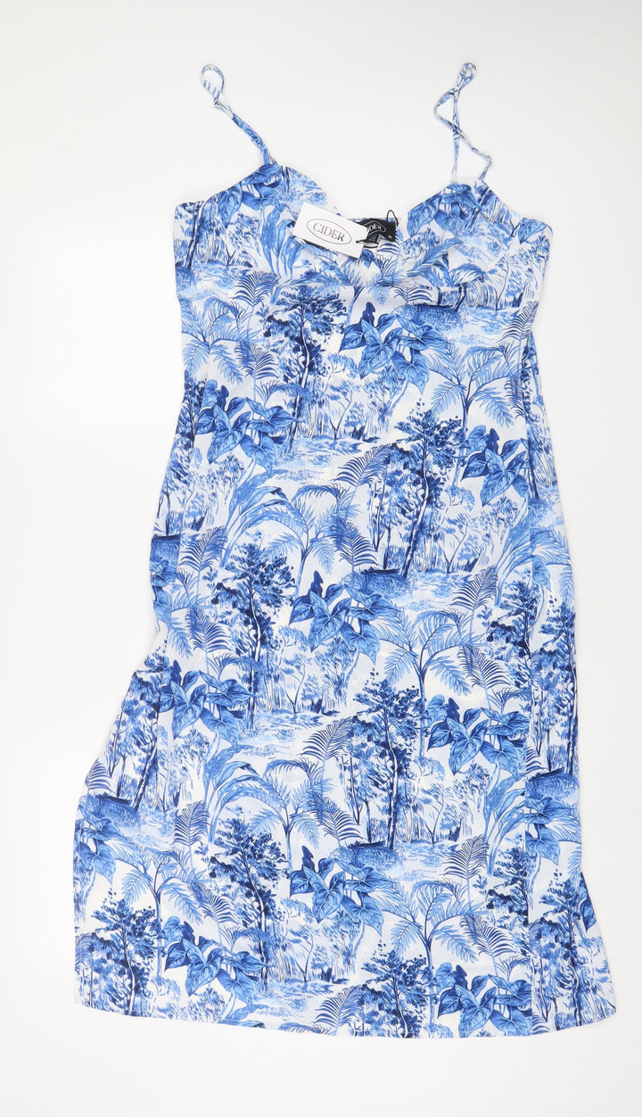 Cider Womens Blue Geometric Polyester A-Line Size XL V-Neck Zip