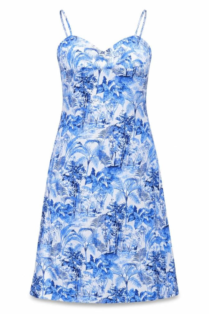 Front view of Cider women’s blue geometric polyester a-line, size XL, v-neck zip