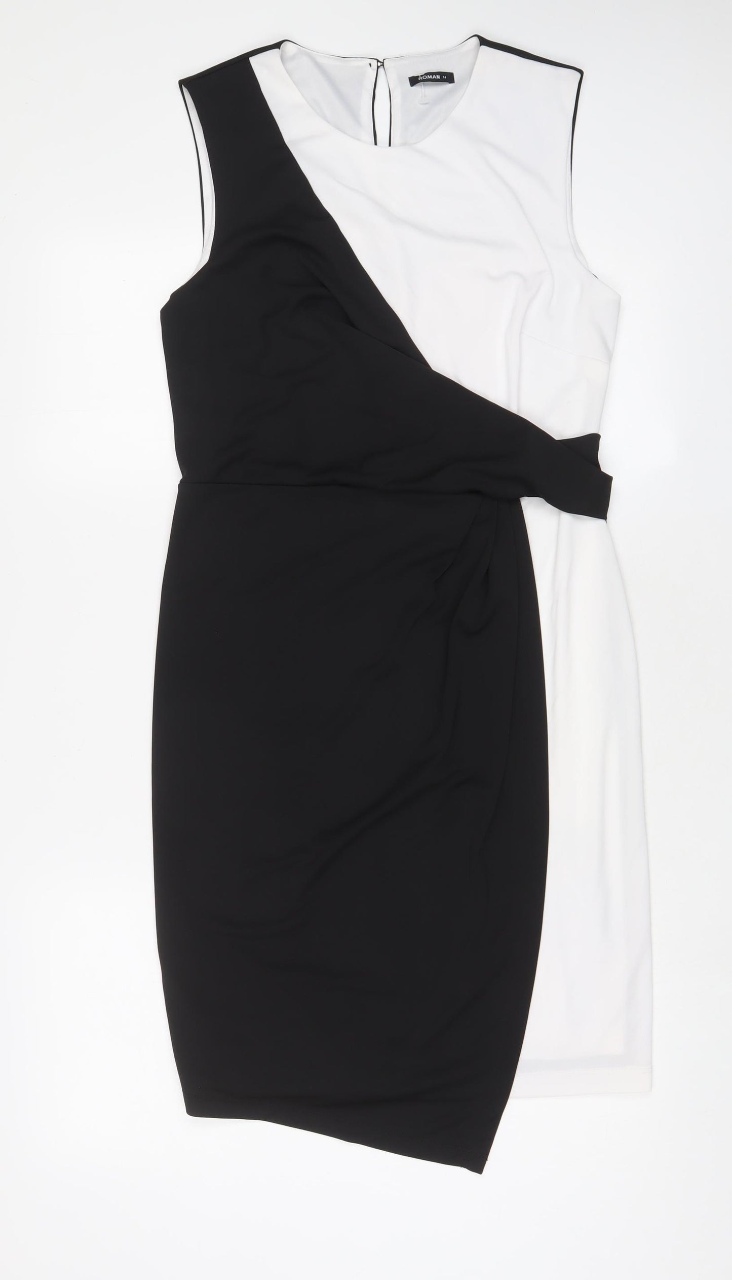 Roman Womens Black Polyester Sheath Size 14 Crew Neck Button