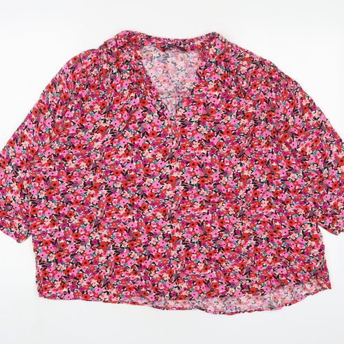 Marks and Spencer Womens Pink Floral Viscose Basic Blouse Size 14 V-Neck