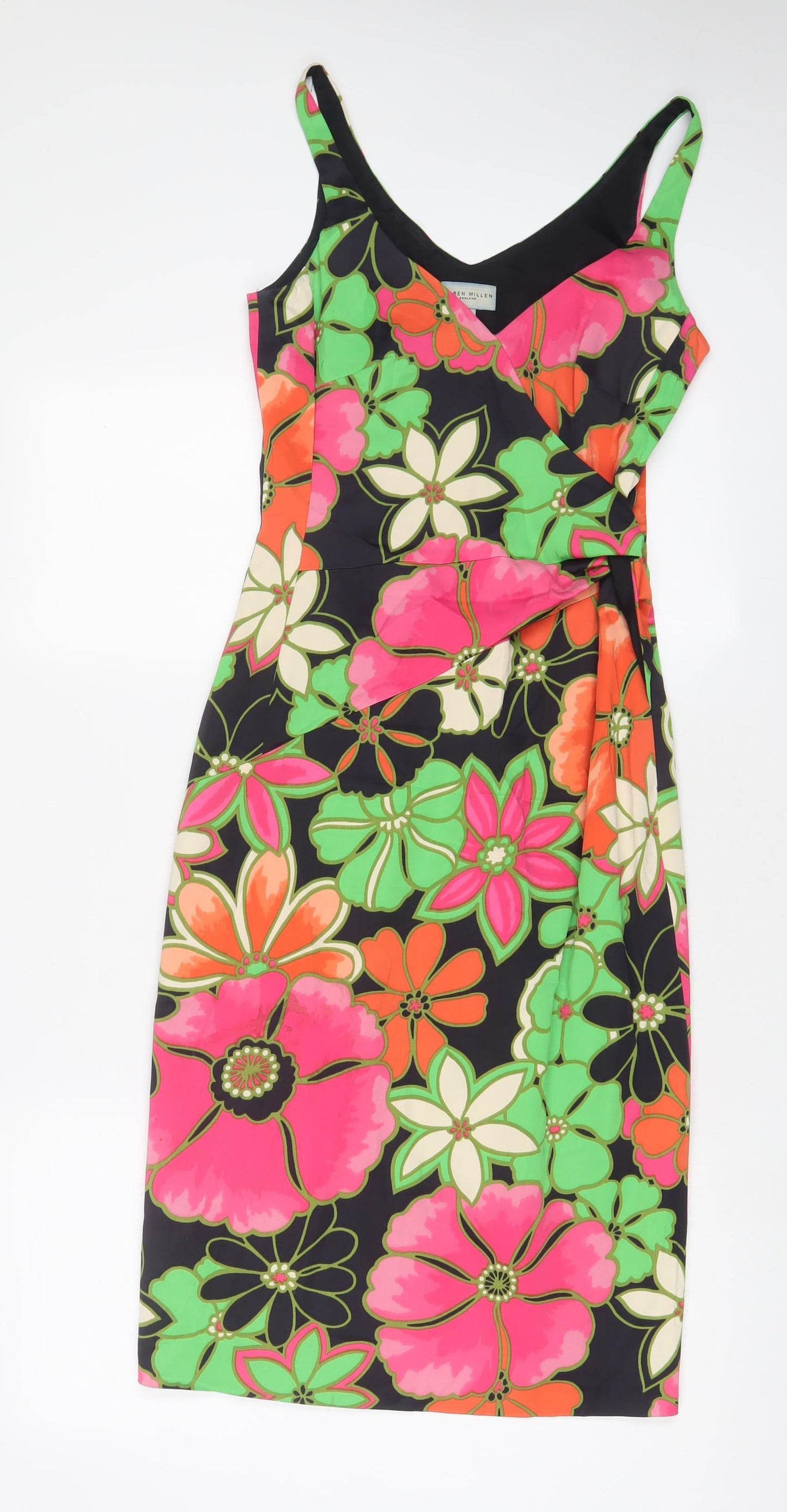 Karen Millen Womens Multicoloured Floral Acetate A-Line Size 10 V-Neck Zip