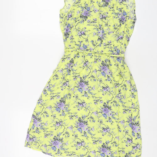 Oasis Womens Yellow Floral Viscose A-Line Size 8 Square Neck Tie