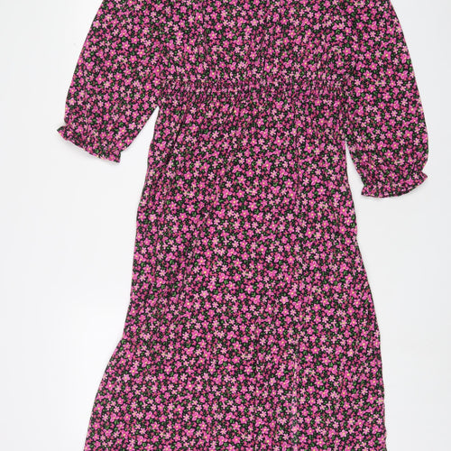New Look Womens Purple Floral Polyester A-Line Size 12 Crew Neck Button