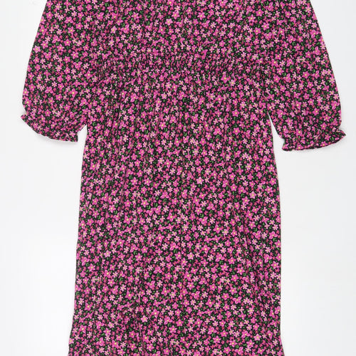 New Look Womens Purple Floral Polyester A-Line Size 12 Crew Neck Button