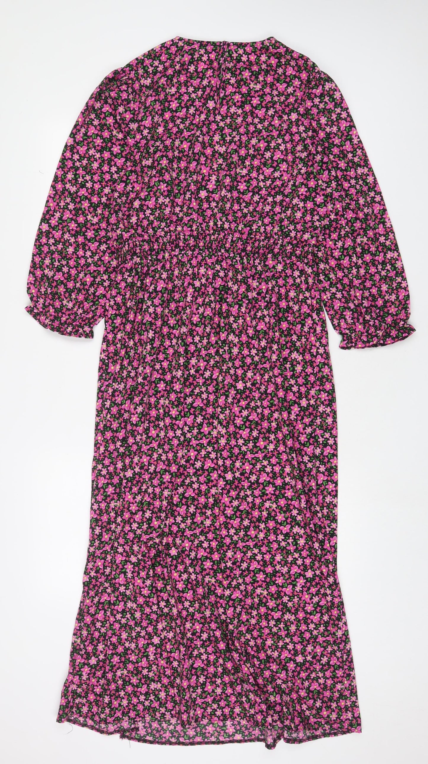 New Look Womens Purple Floral Polyester A-Line Size 12 Crew Neck Button