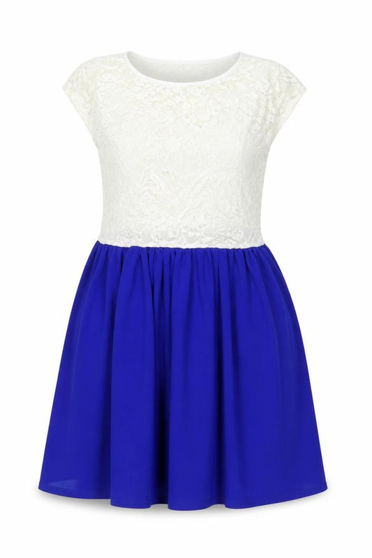 Front view of ELF'IN women’s blue polyester a-line, size M, crew neck pullover