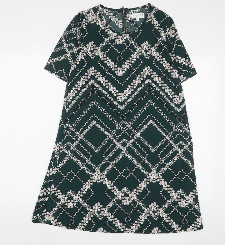 Apricot Womens Green Geometric Polyester A-Line Size 8 Crew Neck Zip