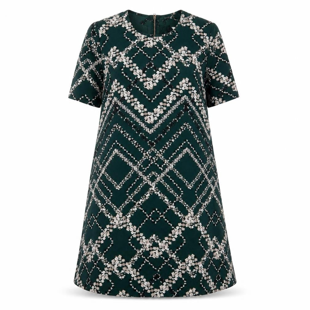Front view of Apricot women’s green geometric polyester a-line, size UK 8, crew neck zip