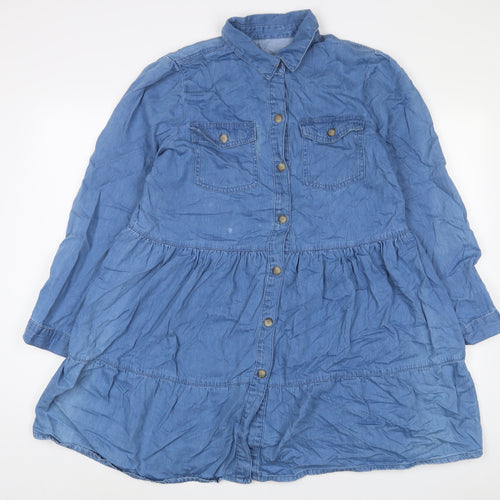 Denim & Co. Womens Blue Cotton A-Line Size 14 Collared Button