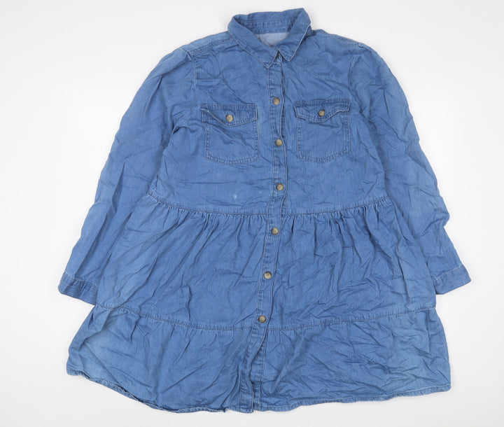 Denim & Co. Womens Blue Cotton A-Line Size 14 Collared Button