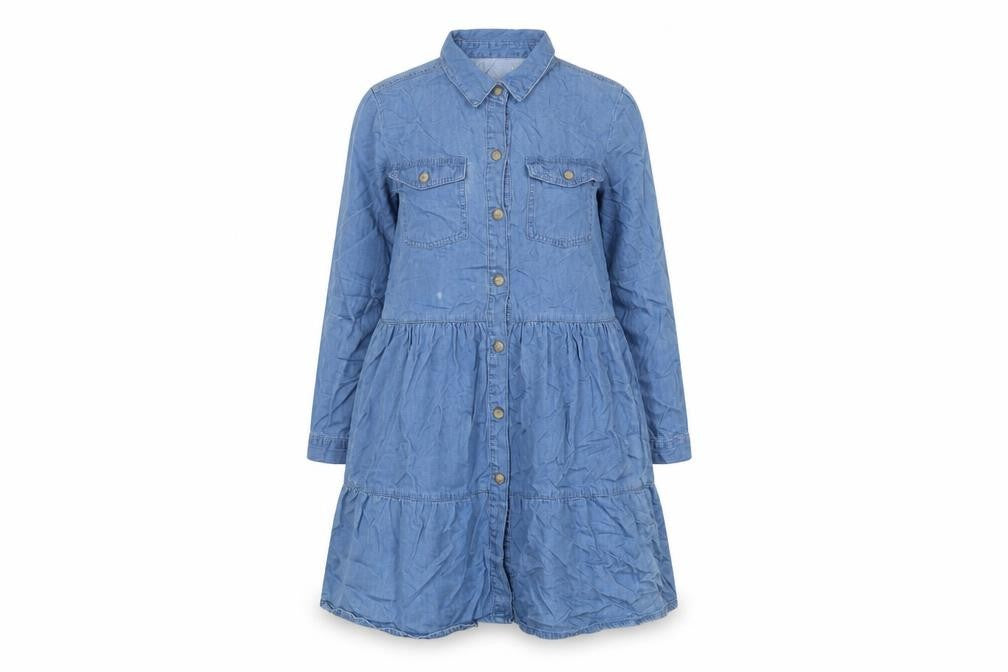 Front view of Denim & Co. women’s blue cotton a-line, size UK 14, collared button
