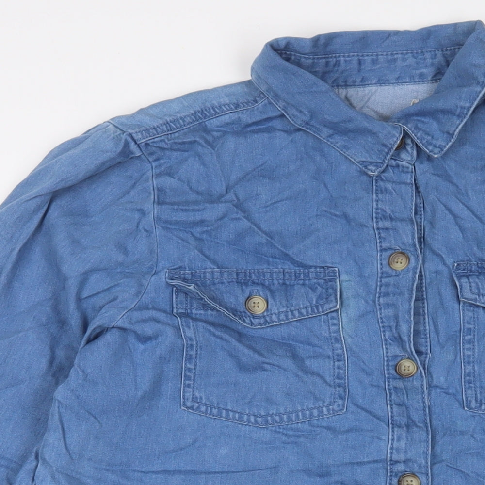 Denim & Co. Womens Blue Cotton A-Line Size 14 Collared Button