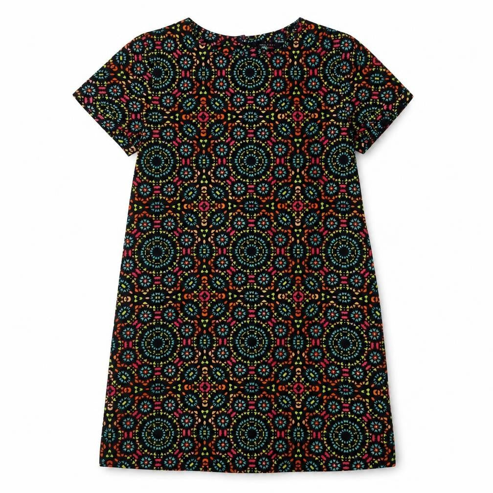 Front view of New Look girls’ multicoloured geometric polyester a-line, size 10-11, years boat neck button